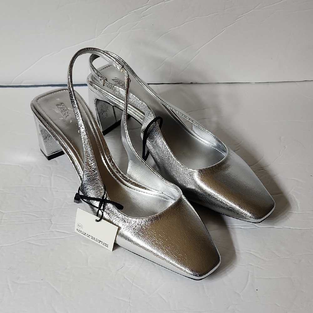 Zara Silver Heeled Slingback Shoes - Picture 3 of 8